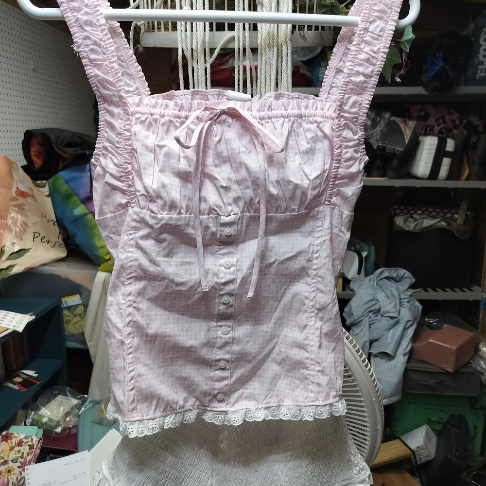 Victorias Secrets Pink Sleeveless Button-Up Top with Lace Trim